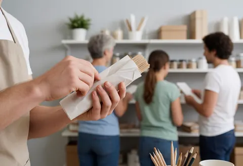 Des mains emballant soigneusement des produits dans une boutique avec des étagères et des murs gris en arrière-plan, illustrant un service de qualité.