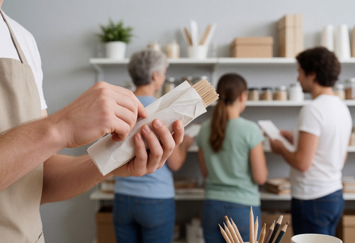 Des mains emballant soigneusement des produits dans une boutique avec des étagères et des murs gris en arrière-plan, illustrant un service de qualité.