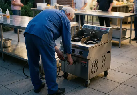 Un technicien en uniforme bleu ajuste les vannes d'une friteuse portable dans une cour avec des tables en acier inoxydable sous la lumière douce du coucher du soleil.