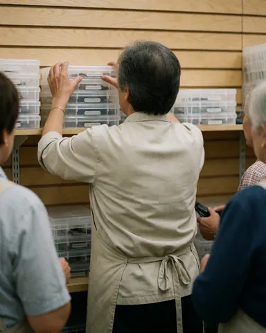 Un employé portant un tablier range des boîtes en plastique sur une étagère en bois dans une librairie, tandis que d'autres personnes observent la scène.