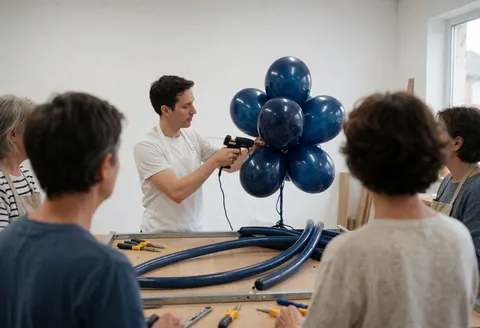 Un décorateur fixe des ballons bleus sur un cadre métallique avec un pistolet à chaleur pendant qu'une équipe observe dans un atelier.