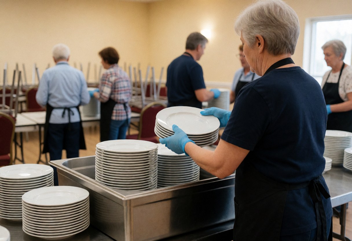 Une serveuse portant des gants bleus empile des assiettes blanches dans un bac en acier inoxydable au milieu d'une salle de réception avec des murs beige et des chaises empilées.