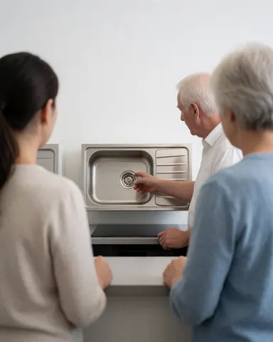 Une cliente examine attentivement un évier en acier inoxydable présenté sur un meuble de cuisine avec un mur blanc en arrière-plan et une lumière naturelle.