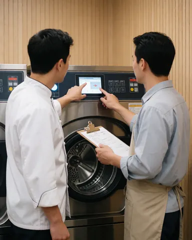 Deux professionnels examinent un lave-linge industriel à écran tactile dans une cuisine commerciale aux murs en bois clair, l'un tenant un carnet.