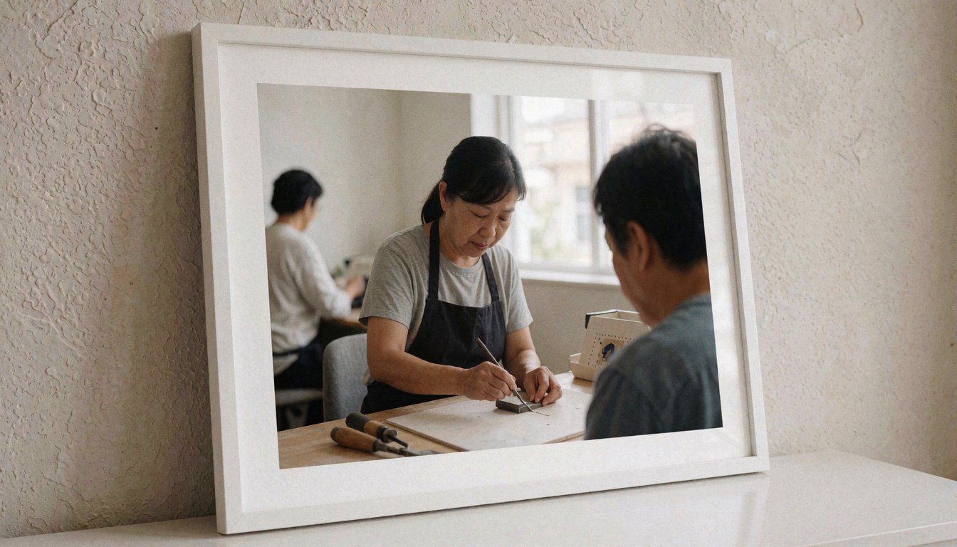 Cadre d'art visible dans un atelier de mariage avec des outils à portée de main, un client en cours de service et une ambiance intérieure moderne.