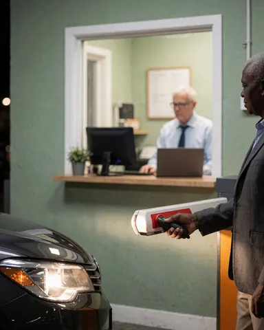 Un client utilise une télécommande pour ouvrir la barrière d'un parking la nuit, avec un guichet et un mur vert en arrière-plan.