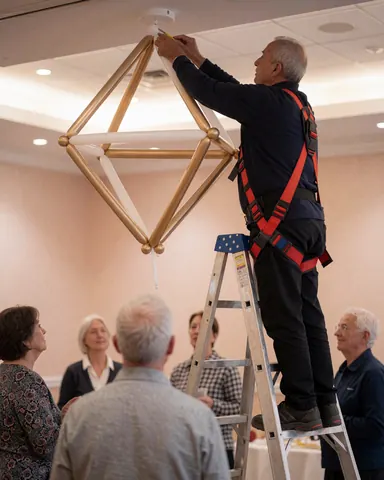 Un décorateur monte une structure de ballons dorés dans un salon d'événement aux murs beiges et à la lumière douce.