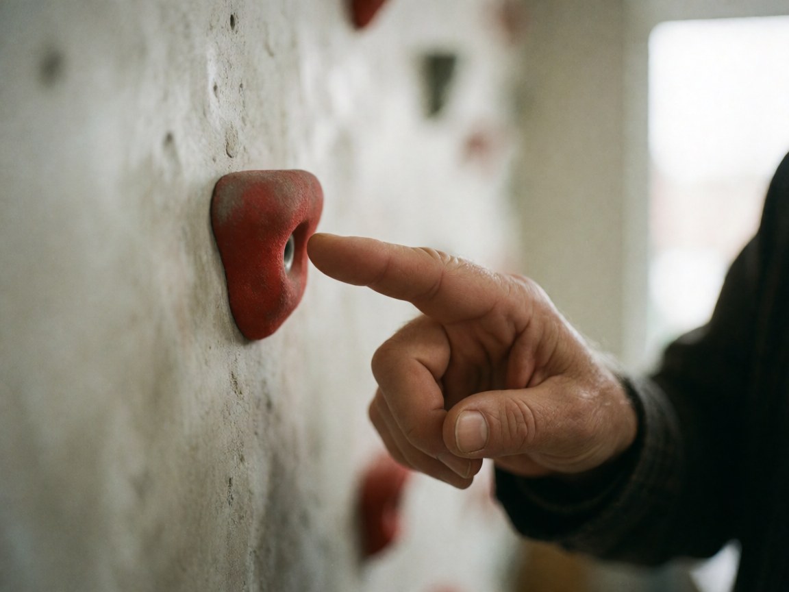Main adulte désignant un support rouge sur un mur d'escalade en intérieur, utile pour une leçon de grimpe.