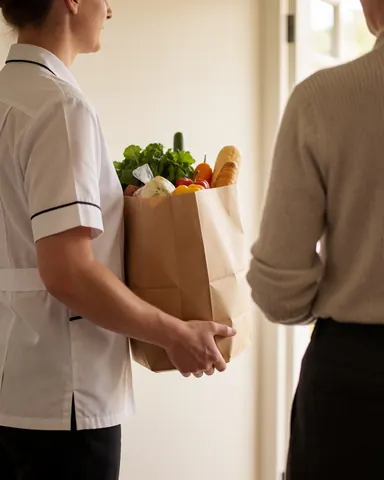 Un employé en uniforme remet un sac contenant des fruits et du pain à l'entrée d'une maison de vacances baignée de lumière naturelle.