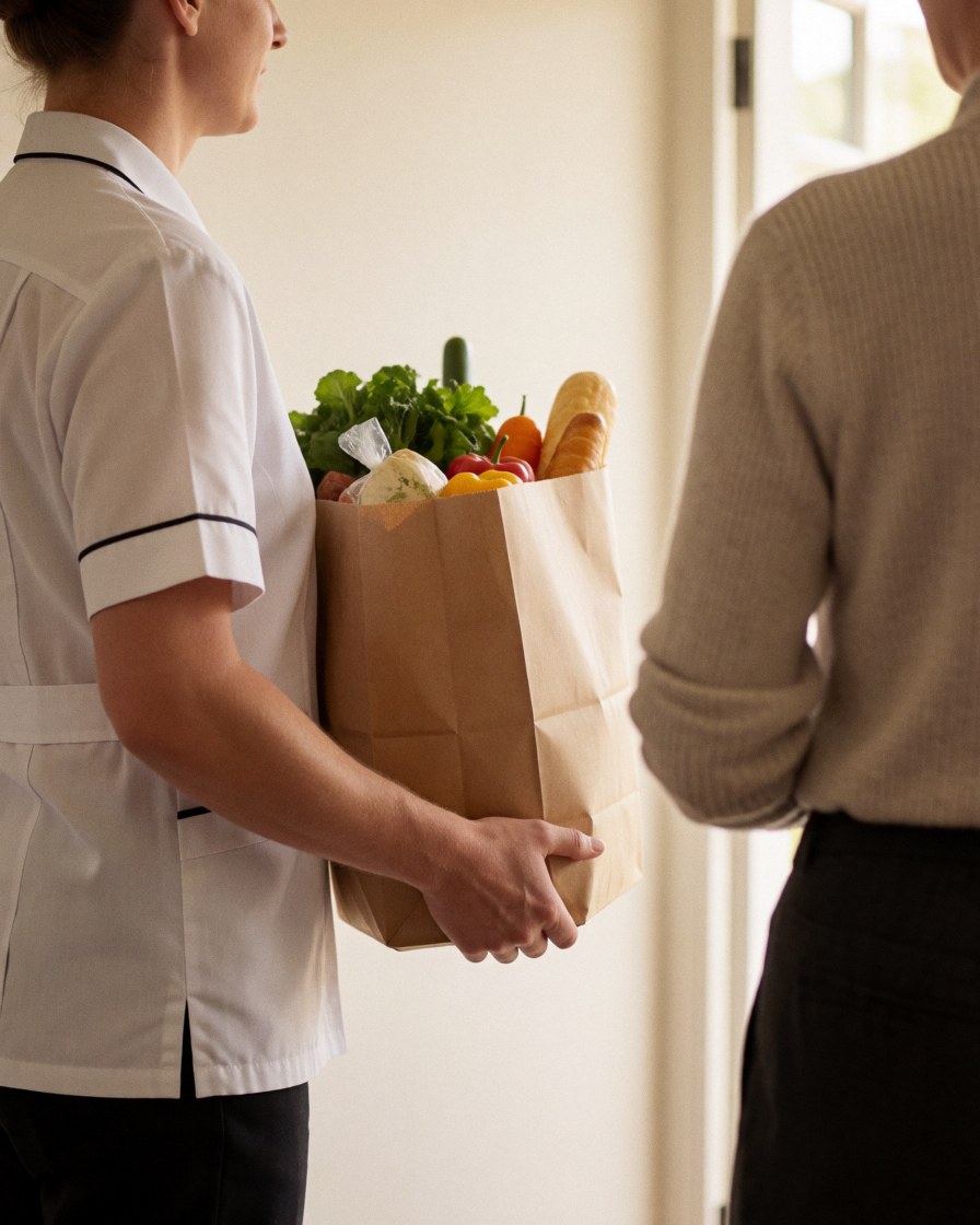 Un employé en uniforme remet un sac contenant des fruits et du pain à l'entrée d'une maison de vacances baignée de lumière naturelle.
