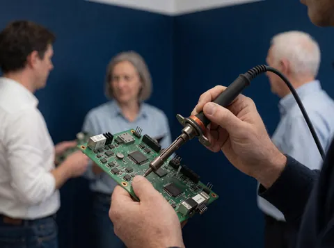 Technicien réparant un circuit imprimé avec un fer à souder devant un mur bleu foncé tandis que trois personnes observent en arrière-plan.
