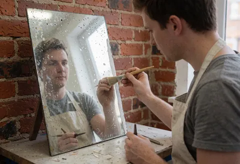 Un homme portant un tablier restaure un miroir dépoli à l'aide d'un pinceau dans un atelier de verrerie avec un mur en briques rouges.