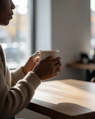 Une cliente profite d'un moment de détente avec sa tasse de café dans un café lumineux aux tons boisés, baigné de lumière naturelle.