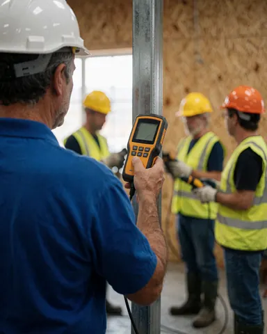 Ouvrier en casque blanc utilisant un humidimètre sur une structure métallique dans un chantier de construction avec d'autres travailleurs en arrière-plan.