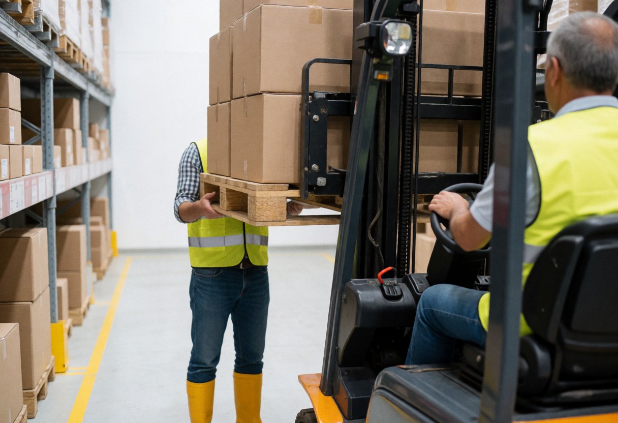 Un opérateur en gilet jaune et bottes de sécurité manœuvre un chariot élévateur pour charger des palettes dans un entrepôt industriel avec des rayonnages.