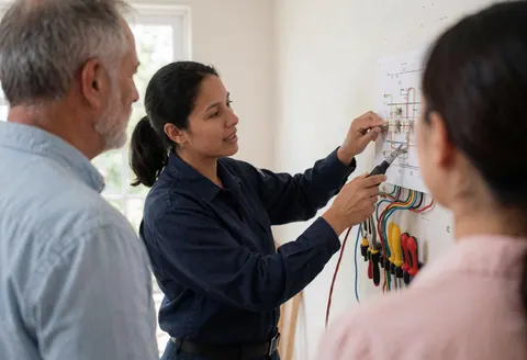 Un électricien professionnel montre un diagramme électrique à des clients chez eux, avec des câbles et des outils visibles.