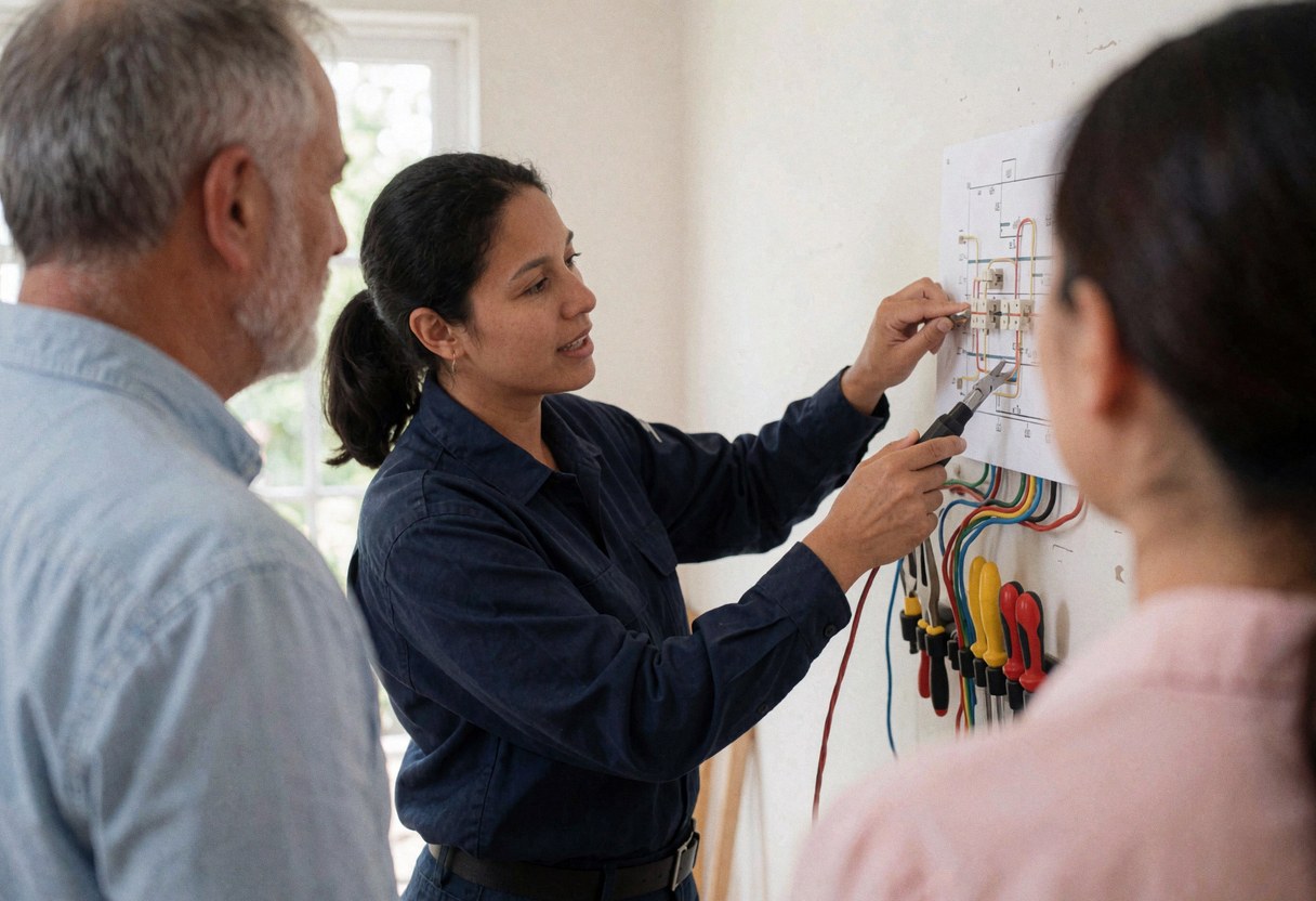 Un électricien professionnel montre un diagramme électrique à des clients chez eux, avec des câbles et des outils visibles.