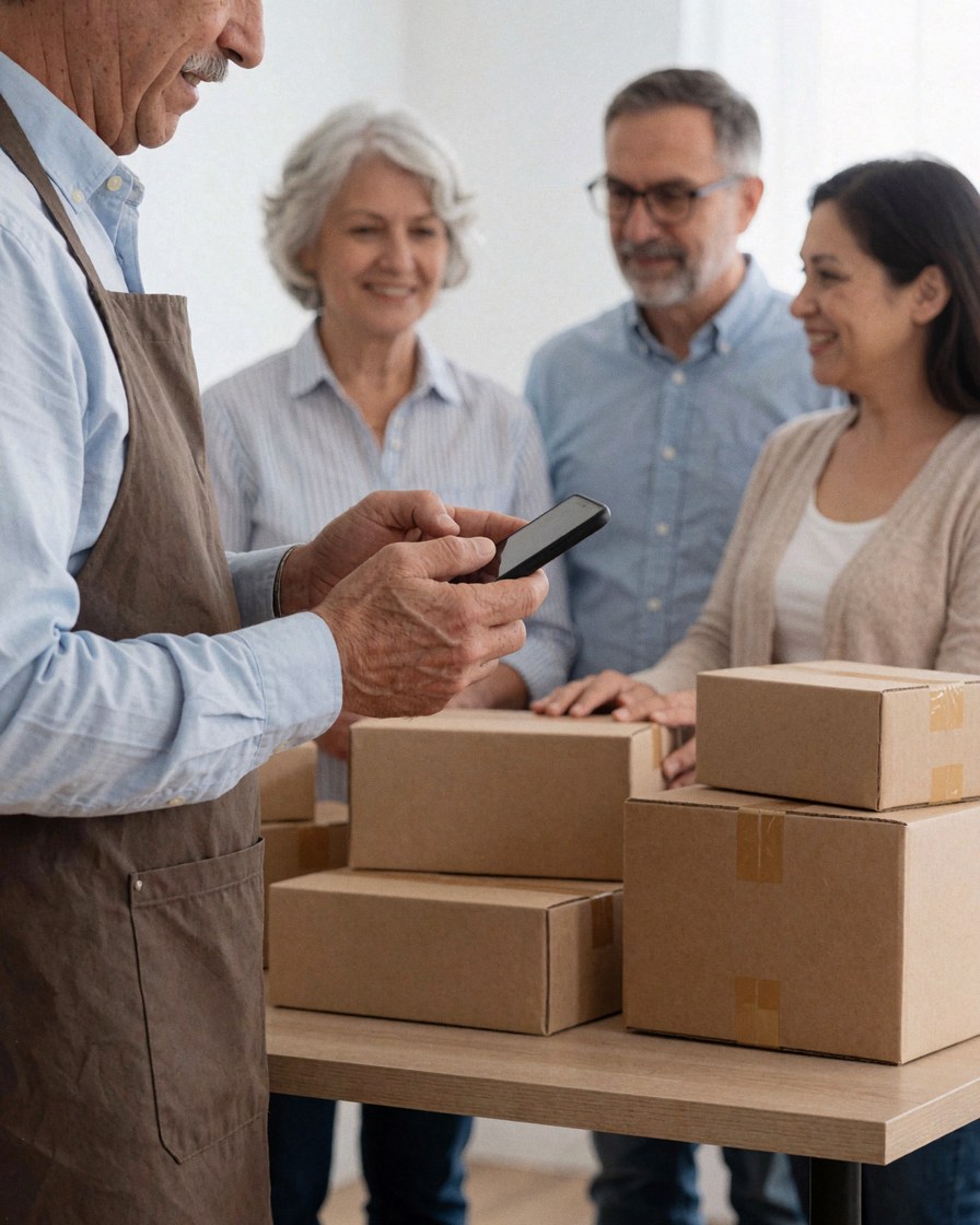 Un homme portant un tablier consulte son téléphone portable à côté de plusieurs cartons empilés, avec des clients souriants en arrière-plan dans un intérieur en bois.