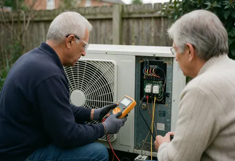Un technicien utilise un multimètre pour vérifier une unité de climatisation ouverte pendant qu'un client observe dans un jardin.