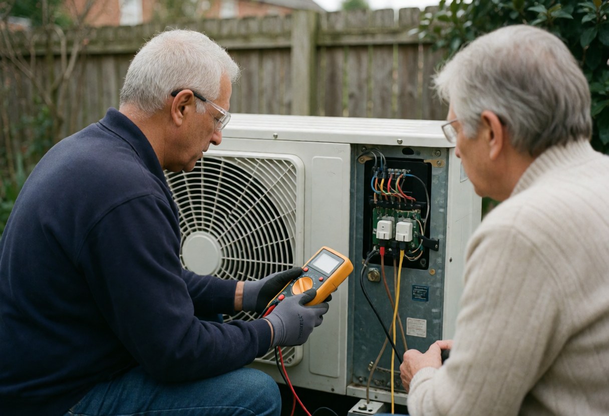 Un technicien utilise un multimètre pour vérifier une unité de climatisation ouverte pendant qu'un client observe dans un jardin.