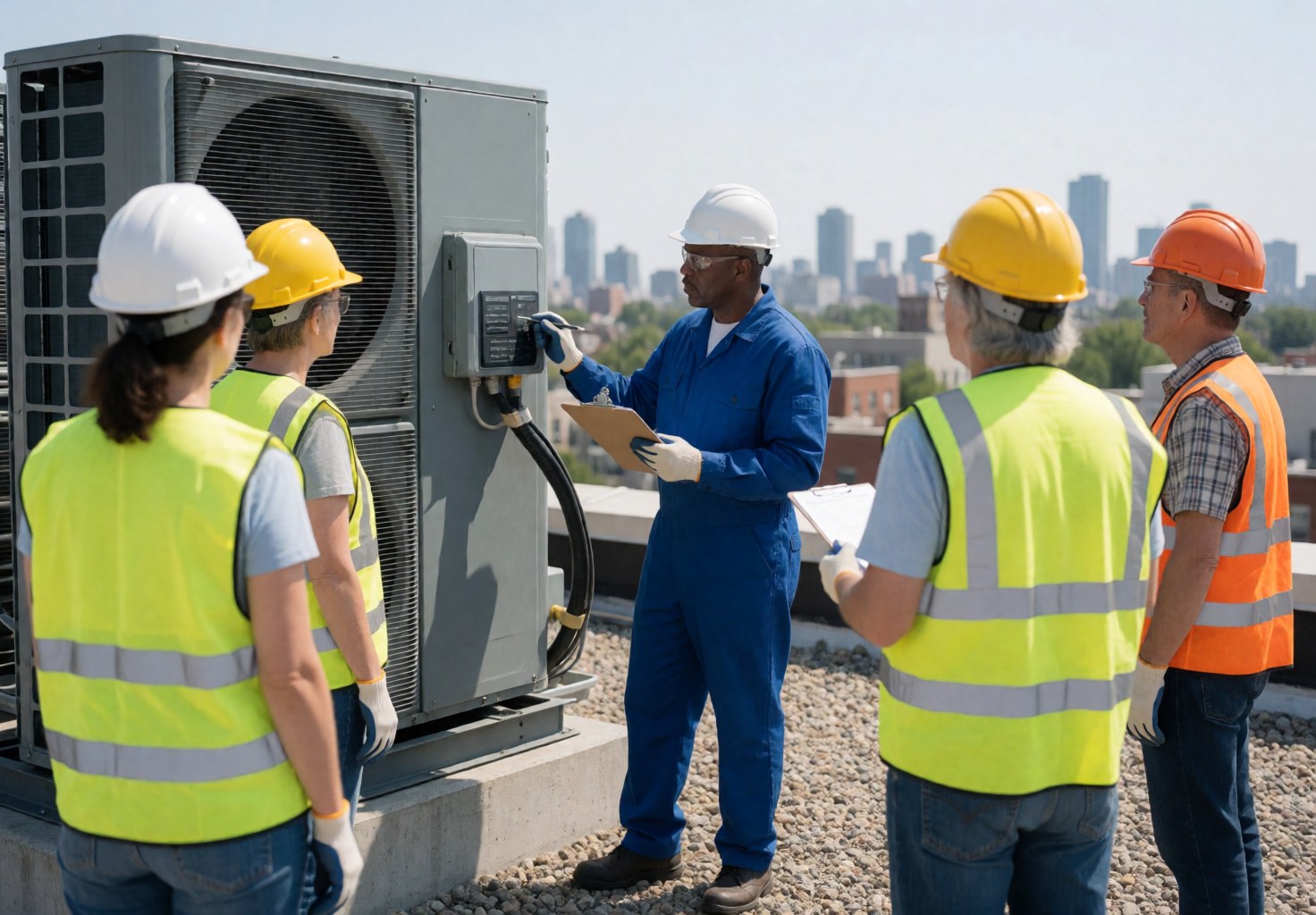 Un technicien effectue une vérification sur une unité de traitement d'air installée en toiture, dans le cadre d'une intervention de maintenance.