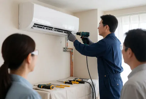 Un technicien en uniforme bleu perce un mur beige pour installer une unité de climatisation blanche avec des outils et des tuyaux de cuivre.