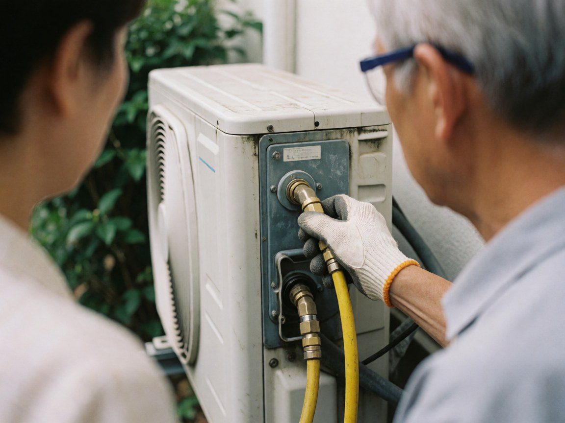 Un technicien en gants connecte un tuyau jaune sur une unité de climatisation extérieure tandis qu'un client observe la scène.