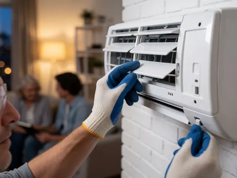 Un technicien portant des gants et des lunettes de sécurité ajuste la grille d'un climatiseur blanc fixé sur un mur en briques blanches dans un intérieur éclairé par une lumière chaude.