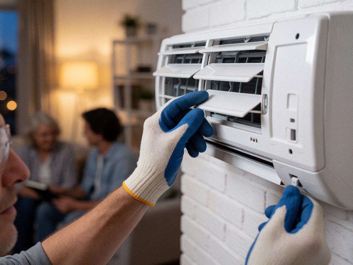 Un technicien portant des gants et des lunettes de sécurité ajuste la grille d'un climatiseur blanc fixé sur un mur en briques blanches dans un intérieur éclairé par une lumière chaude.