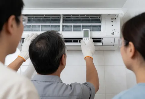 Un technicien en gants et lunettes examine une unité intérieure de climatisation à l'aide d'un thermomètre, dans un environnement carrelé blanc.