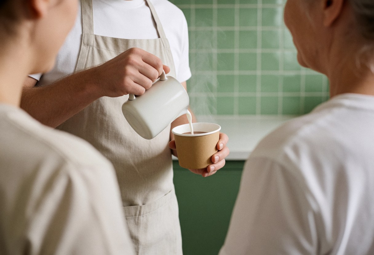 Un barista verse du lait dans un verre de cacao devant deux clients dos à dos dans une cuisine aux carreaux verts.