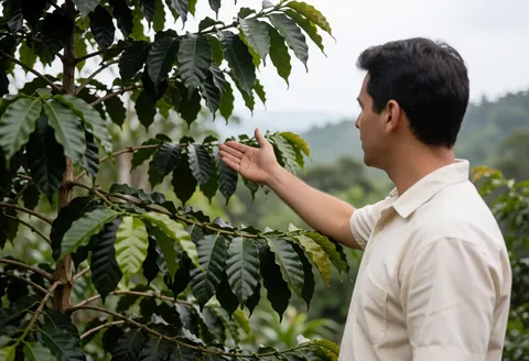 Un homme en chemise blanche observe les feuilles d'un caféier dans un paysage montagneux à lumière diffuse, idéal pour promouvoir l'agrotourisme.