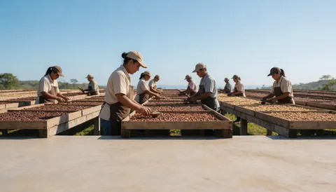 Des ouvriers s'occupent du séchage du cacao sur des patios en bois sous un ciel bleu, illustrant le processus agricole sur une exploitation.