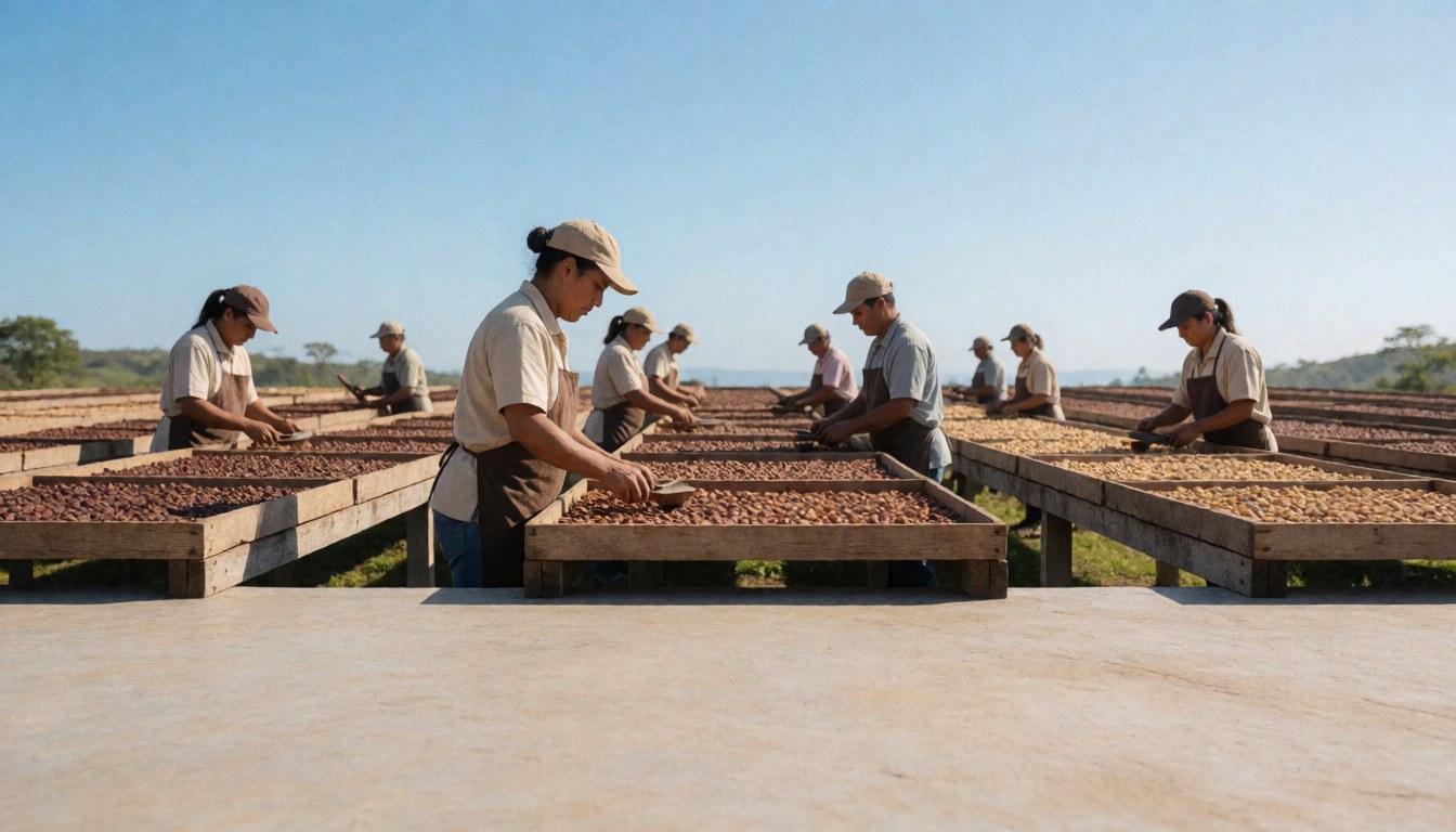 Des ouvriers s'occupent du séchage du cacao sur des patios en bois sous un ciel bleu, illustrant le processus agricole sur une exploitation.