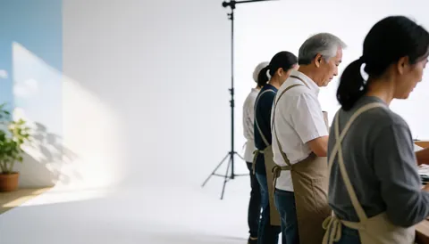 Intérieur d'un studio photographique aux murs blancs équipé d'un grand panneau lumineux, où des professionnels en tabliers travaillent ensemble.