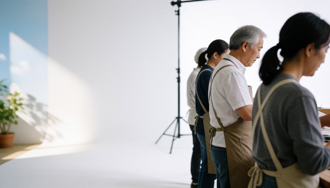 Intérieur d'un studio photographique aux murs blancs équipé d'un grand panneau lumineux, où des professionnels en tabliers travaillent ensemble.