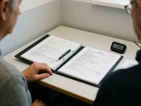 Deux personnes vérifient des formulaires de visa sur une table avec stylo et montre digitale dans une agence de voyages aux murs gris.