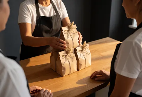 Des mains ajustent trois sacs cadeaux de café attachés avec une corde et décorés de graines sur une table en bois clair, dans un café.