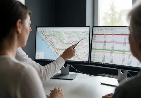 Un agent de voyage pointe une route aérienne sur un écran tout en montrant les tarifs et horaires affichés sur deux moniteurs dans son bureau.