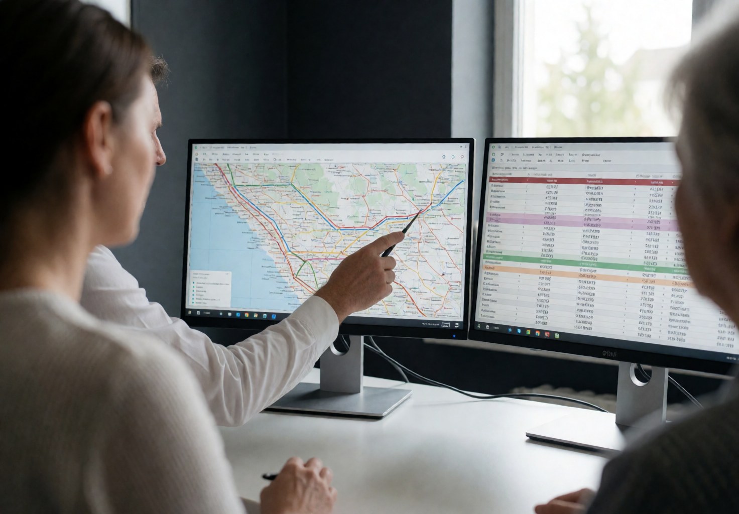 Un agent de voyage pointe une route aérienne sur un écran tout en montrant les tarifs et horaires affichés sur deux moniteurs dans son bureau.