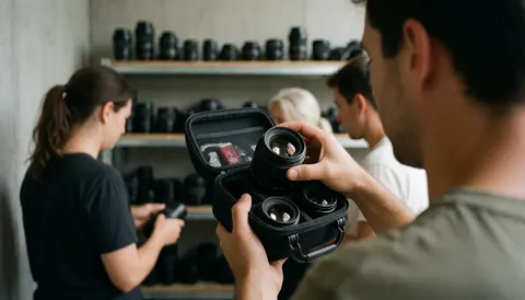 Un photographe sélectionne un objectif dans un studio professionnel avec des étagères d'équipement et des murs en béton.