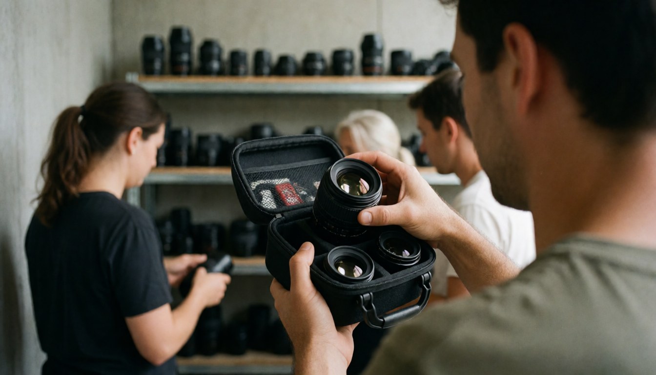 Un photographe sélectionne un objectif dans un studio professionnel avec des étagères d'équipement et des murs en béton.