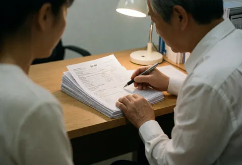 Un agent de voyage examine des formulaires DS-160 posés sur un bureau en bois, illustrant un service en cours.