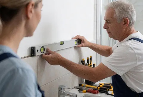 Un professionnel ajuste des carreaux avec un niveau, outils sur le comptoir, robinet visible, travail en cours.