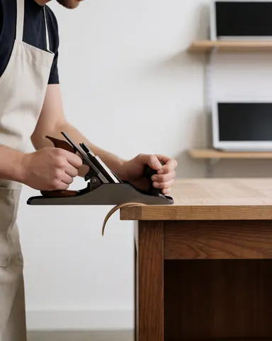 Un homme portant un tablier ponce le rebord d'une table en bois devant un mur blanc et une étagère avec des ordinateurs, dans le cadre de la restauration de meubles.