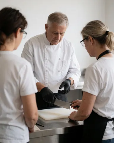 Un chef avec des gants noirs montre à deux personnes comment utiliser un couteau de chef sur une planche à découper blanche dans une cuisine industrielle.