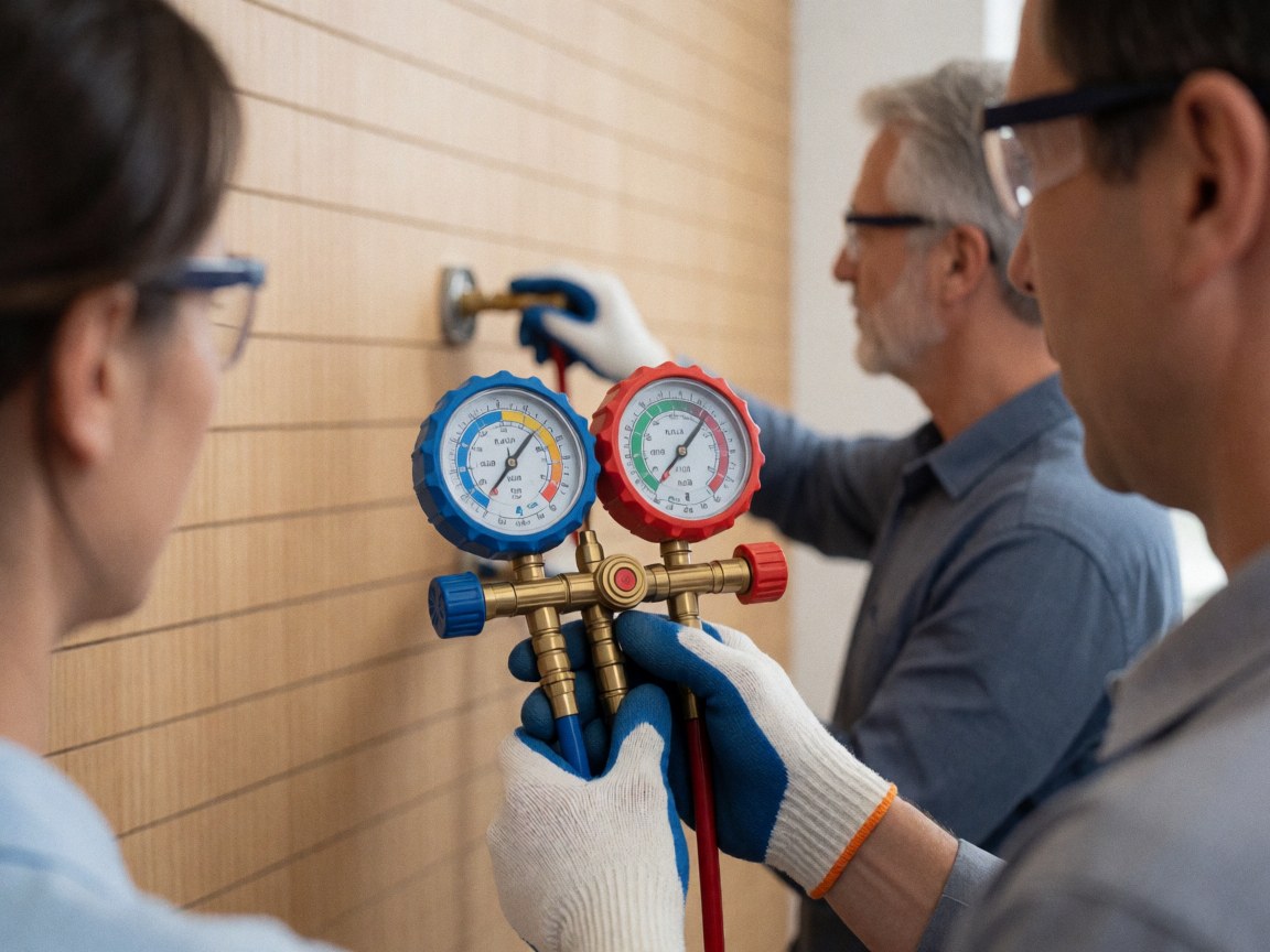 Un technicien portant des gants et des lunettes de sécurité ajuste un manomètre connecté à un climatiseur contre un mur en bois.