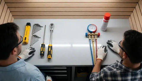 Technicien portant gants et lunettes travaillant sur une table avec des outils de climatisation et un manomètre dans un atelier.