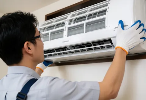 Un technicien équipé de gants et de lunettes installe un climatiseur blanc dans la fenêtre d'une maison, illustrant le service d'installation.