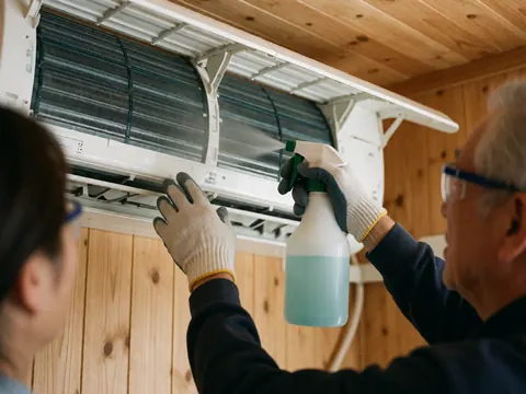 Un technicien portant des gants et des lunettes de protection utilise un spray pour nettoyer les serpentins d'une unité de climatisation, avec un mur en bois en arrière-plan.